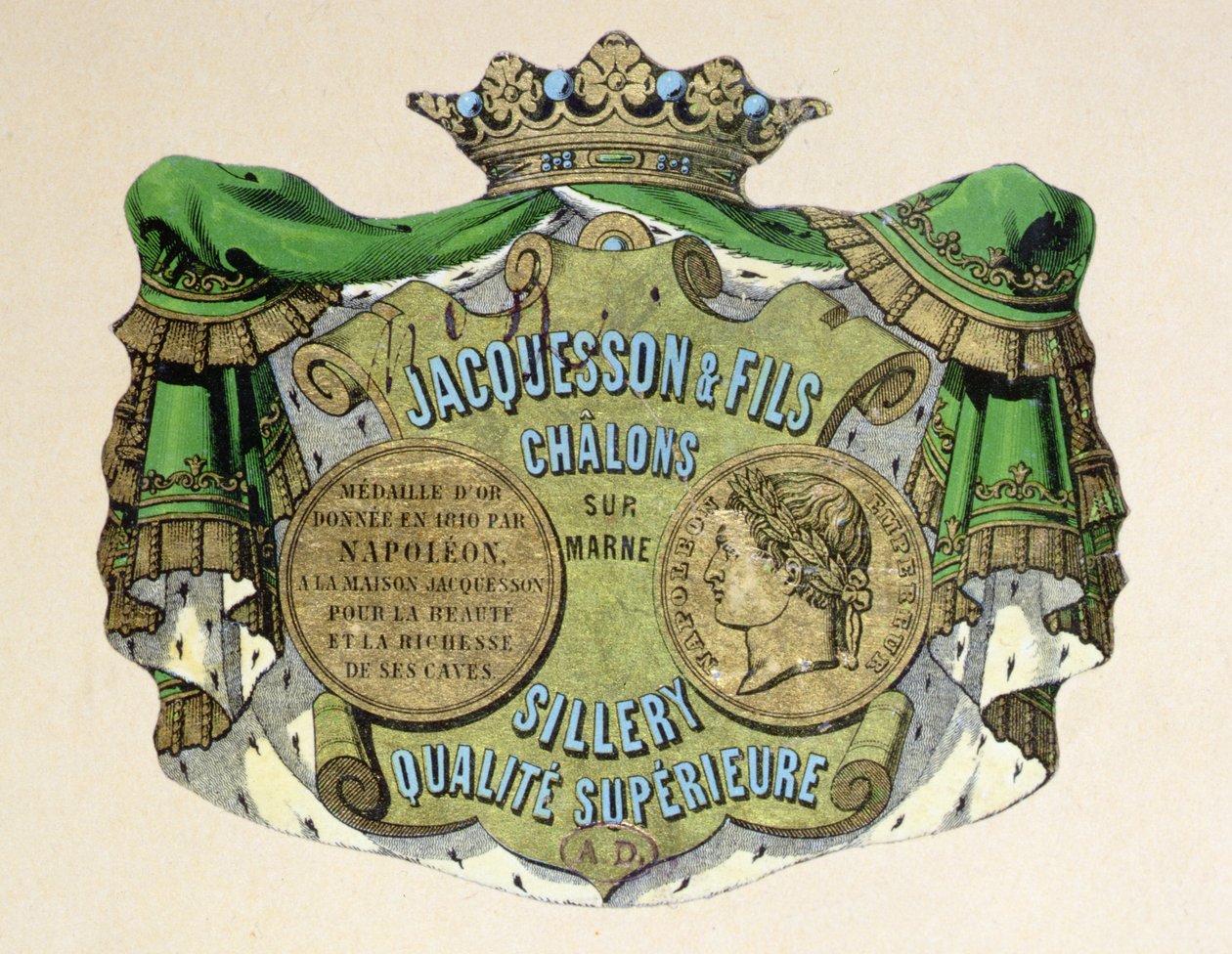Jacquesson & Fils pezsgőcímke, Champagne Sillery Marque, 19. század közepe (színes litó) alkotó: French School