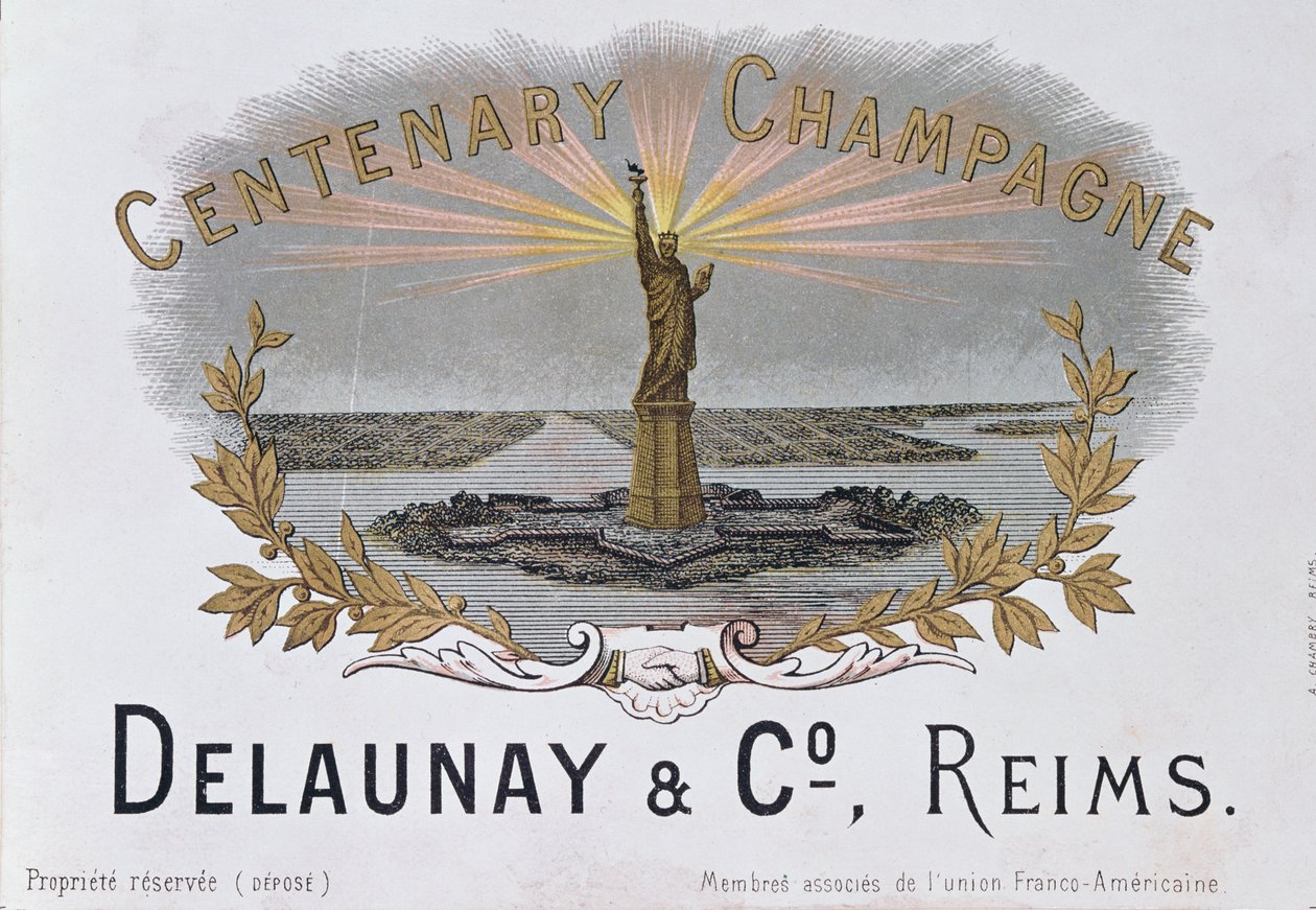 Pezsgőcímke a Delaunay & Co. házából, amely az amerikai függetlenség századik évfordulóját ünnepli, és a Szabadság-szobrot ábrázolja, 1876 körül alkotó: French School