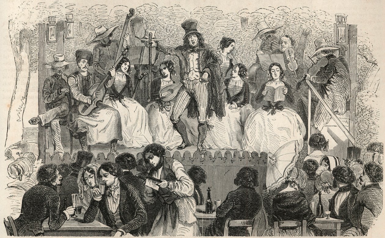 Champs-Elysees (Champs Elysees) – Énekesek a Morel kávézó előtt – Edmond Texier 1852-es metszete „Tableau-de-Paris”-ban alkotó: French School