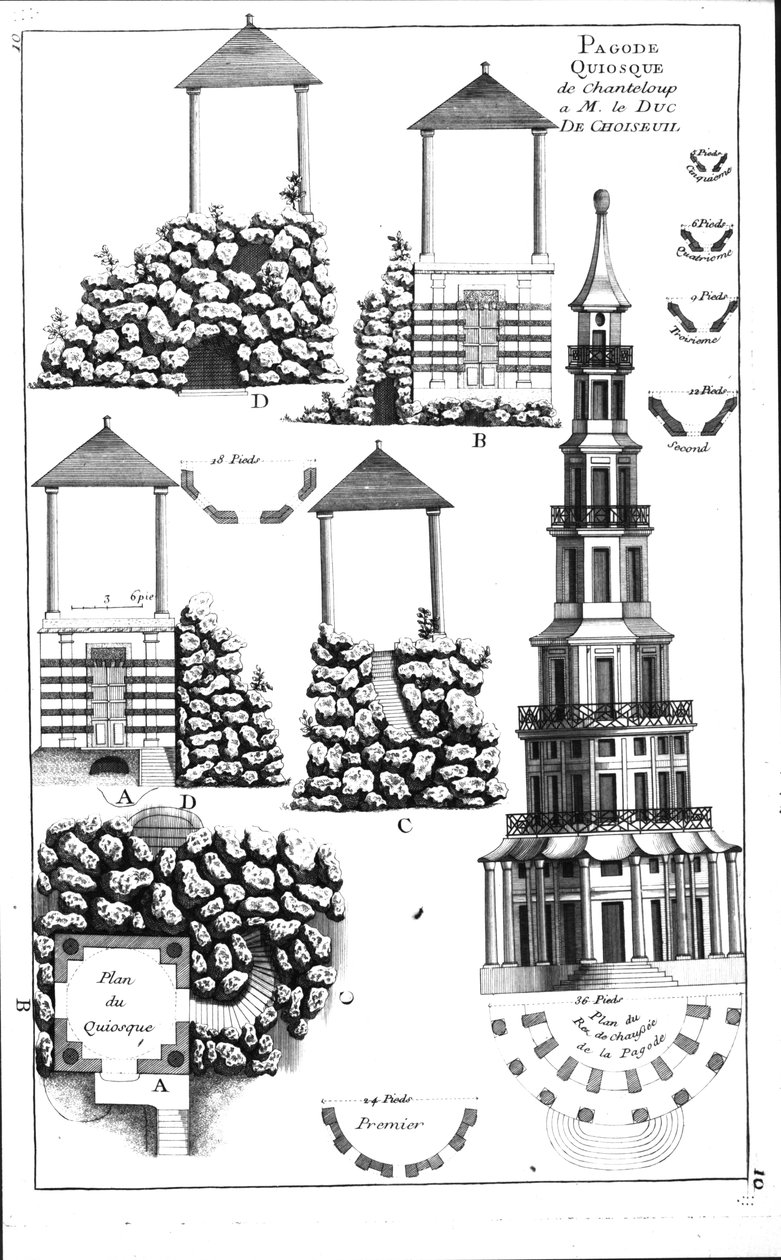 Chanteloup Pagoda, George Louis le Rouge Details des Nouveaux Jardins a la Mode című művéből, megjelent 1770-87 körül alkotó: French School