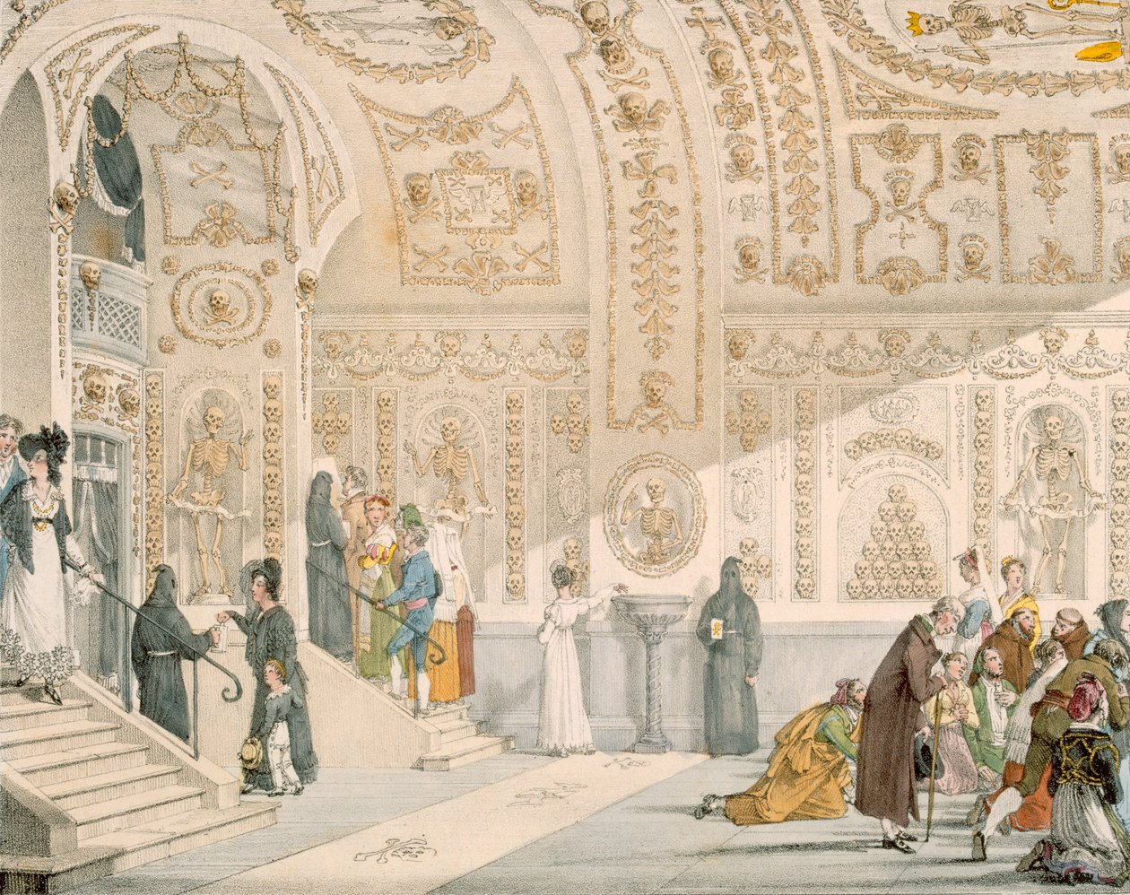 Halottakkápolna, metszett Villain, kocsma. 1820 (színes metszet) alkotó: French School