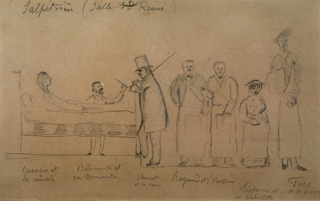 Charcot az egyik tanítványa tervezte. Balról jobbra: Genevieve beteg kamionban, Doctor Desire Magloire Bourneville hőmérővel, Jean Martin Charcot, Raymond és Brissaud, Me Tirperme és Charles Fere. Szent királynő szoba, Salpetriere Hospi alkotó: French School