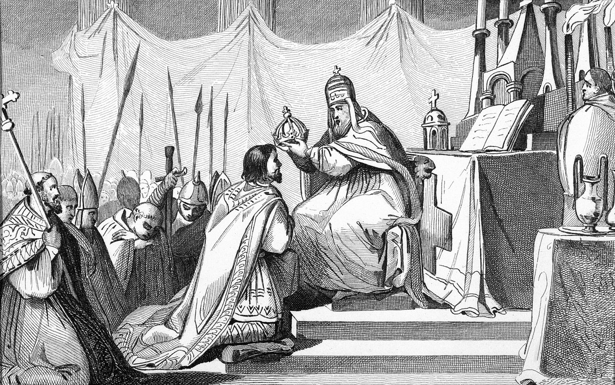 Nagy Károlyt (742-814) III. Leó pápa (750-816 körül) megkoronázta a római Szent Péter templomban 800. december 25-én, Colart "Histoire de France" című művéből, kiadva 1840 körül. alkotó: French School