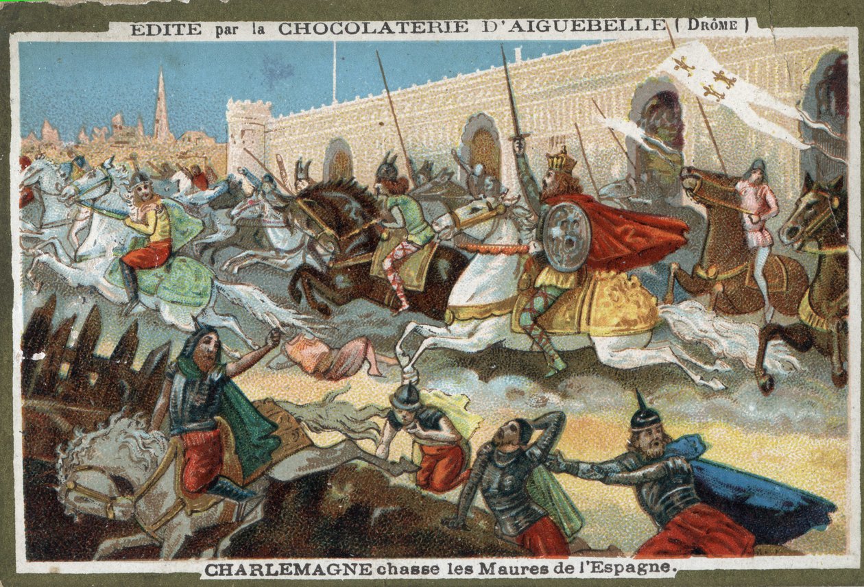 Nagy Károly (742-814) a mórokat üldözi Spanyolországból. 19. századi kromolitográfia. alkotó: French School
