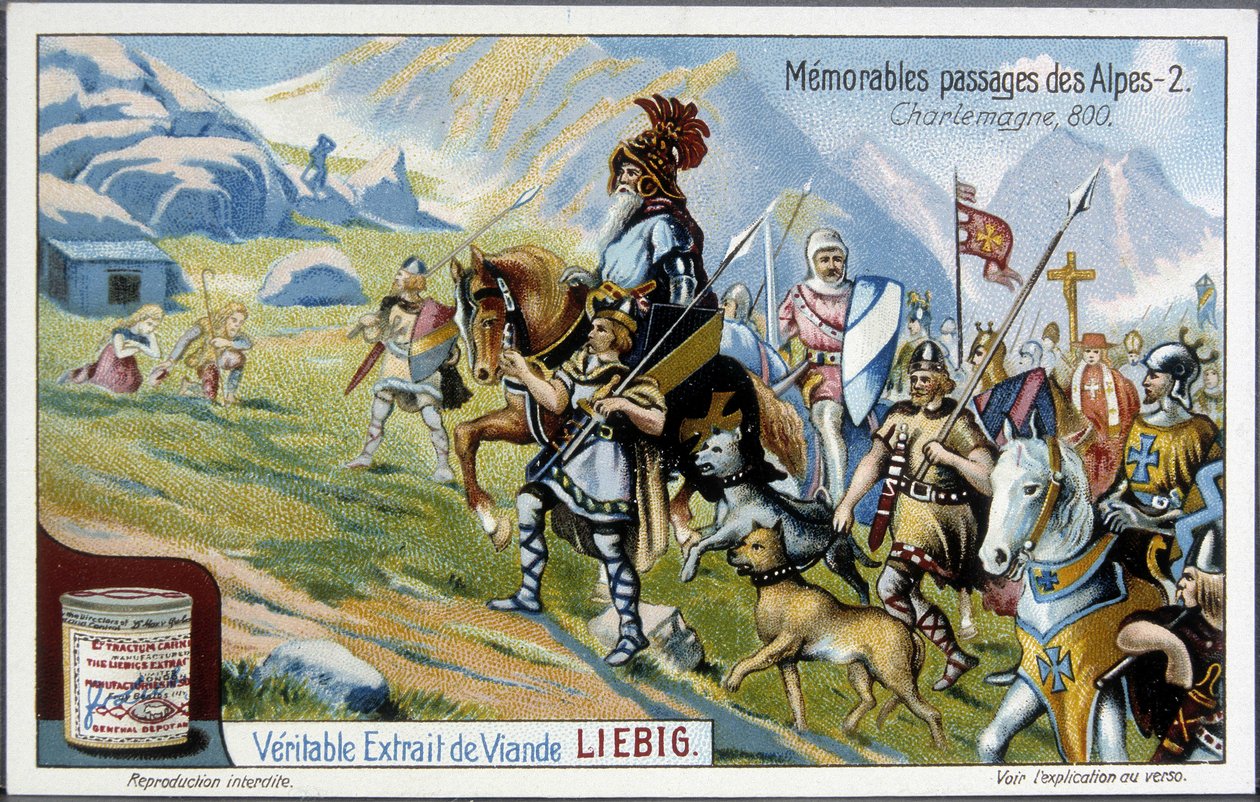 Nagy Károly és serege 800-ban kelt át az Alpokon – Liebig kromolitográfia, a XX. század elején. alkotó: French School