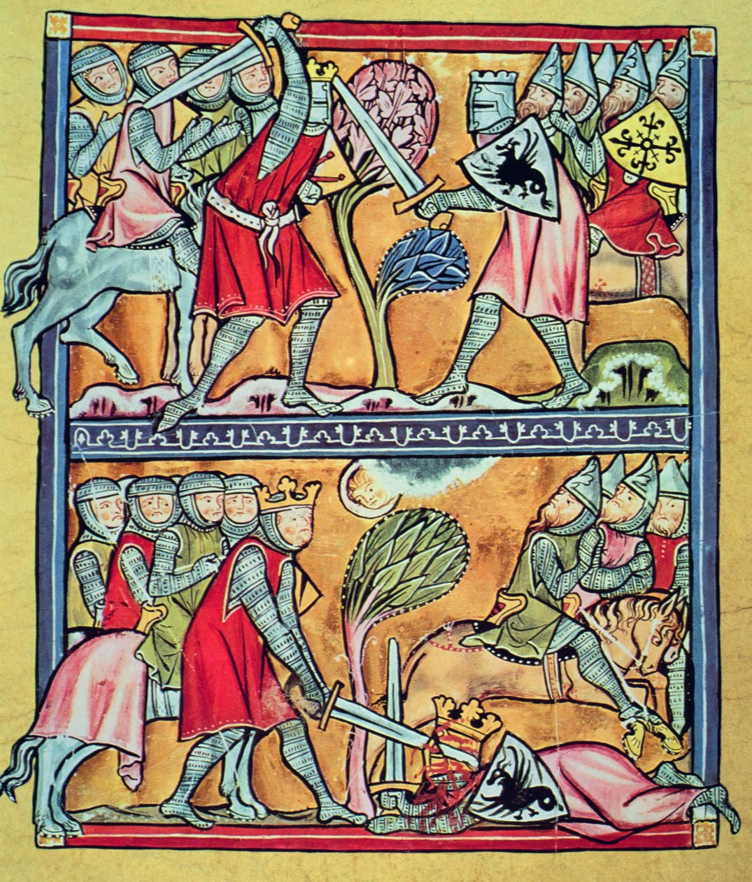 Nagy Károly és paladinjai a szaracénok elleni harcban, miniatűr a „Charlemagne and his paladins”-ból (vellum) alkotó: French School