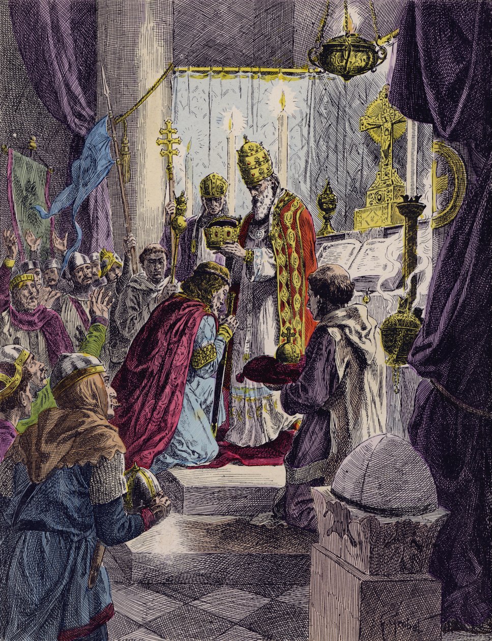Nagy Károlyt III. Leó pápa megkoronázza Szent Római császárrá, Róma, 800 (színes litográfia) alkotó: French School