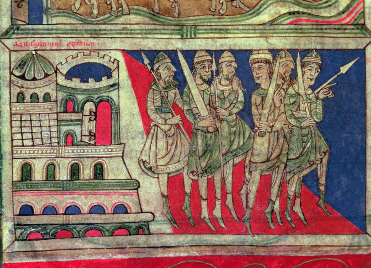 Nagy Károly elhagyja Aachent, hogy Santiago de Compostelába utazzon, a „Codice Calixtus” miniatűrje, fol. 162v., c.1150 (vellum) alkotó: French School