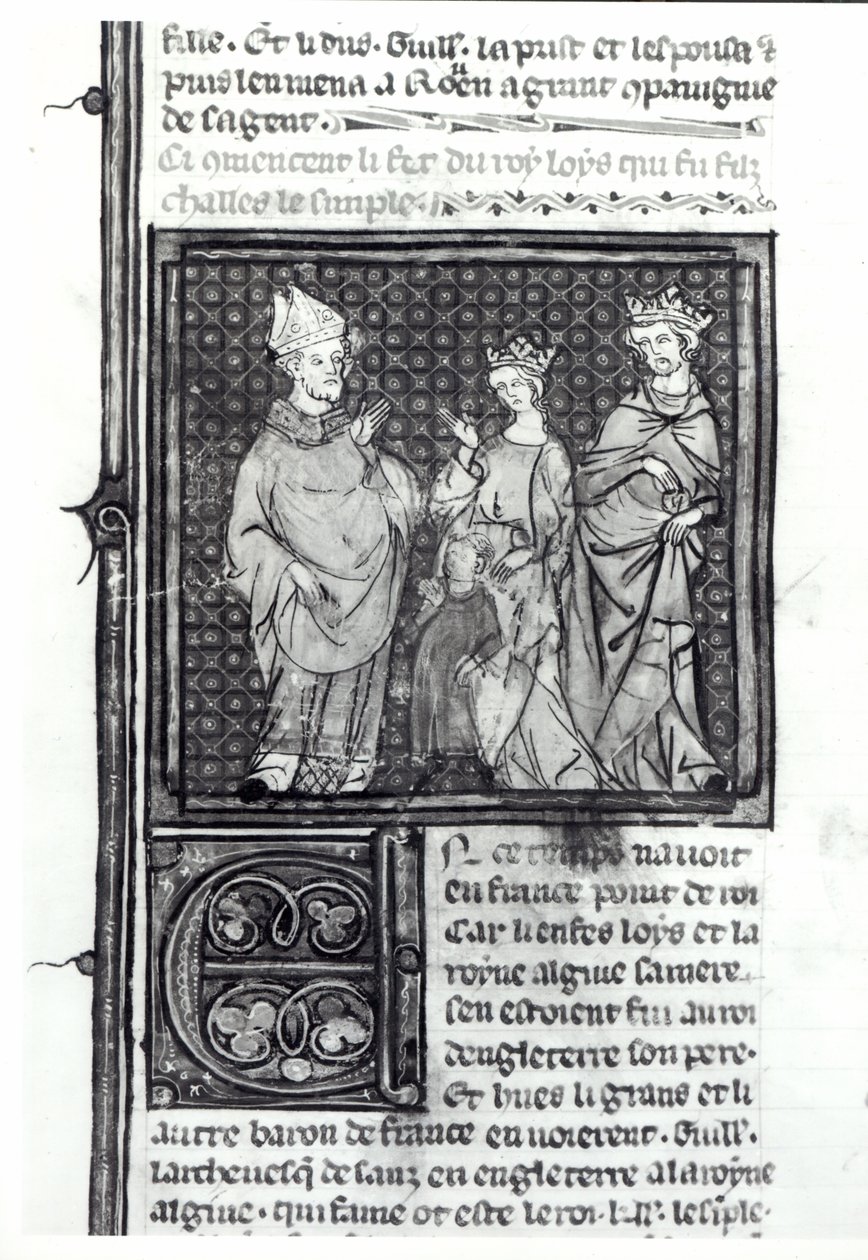 III. Károly (879-929) az Egyszerű feleségével és fiával, IV. Lajossal (921-954), Grandes Chroniques de France, 1375-79 alkotó: French School