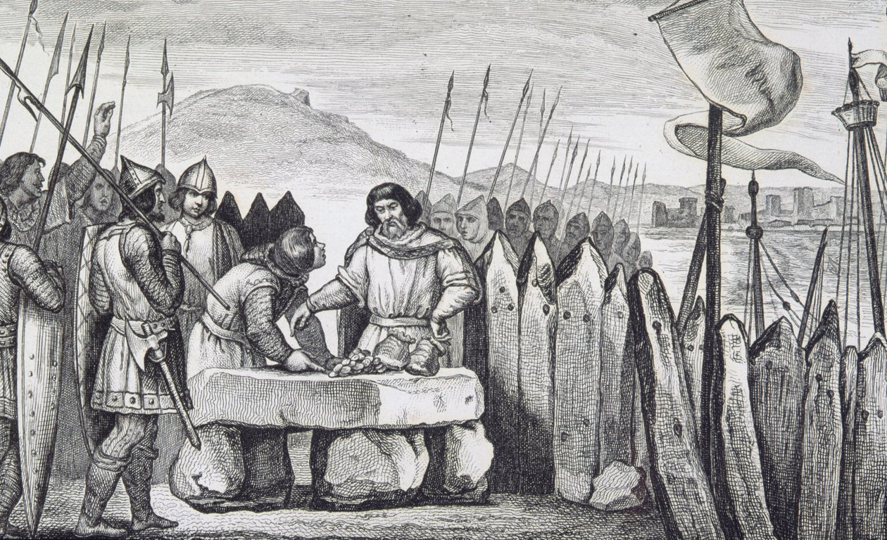 III. Kövér Károly (839-88) lefizeti a viking hódítókat 886-ban Colart "Histoire de France" című művéből, amely 1840 körül jelent meg (metszet) alkotó: French School