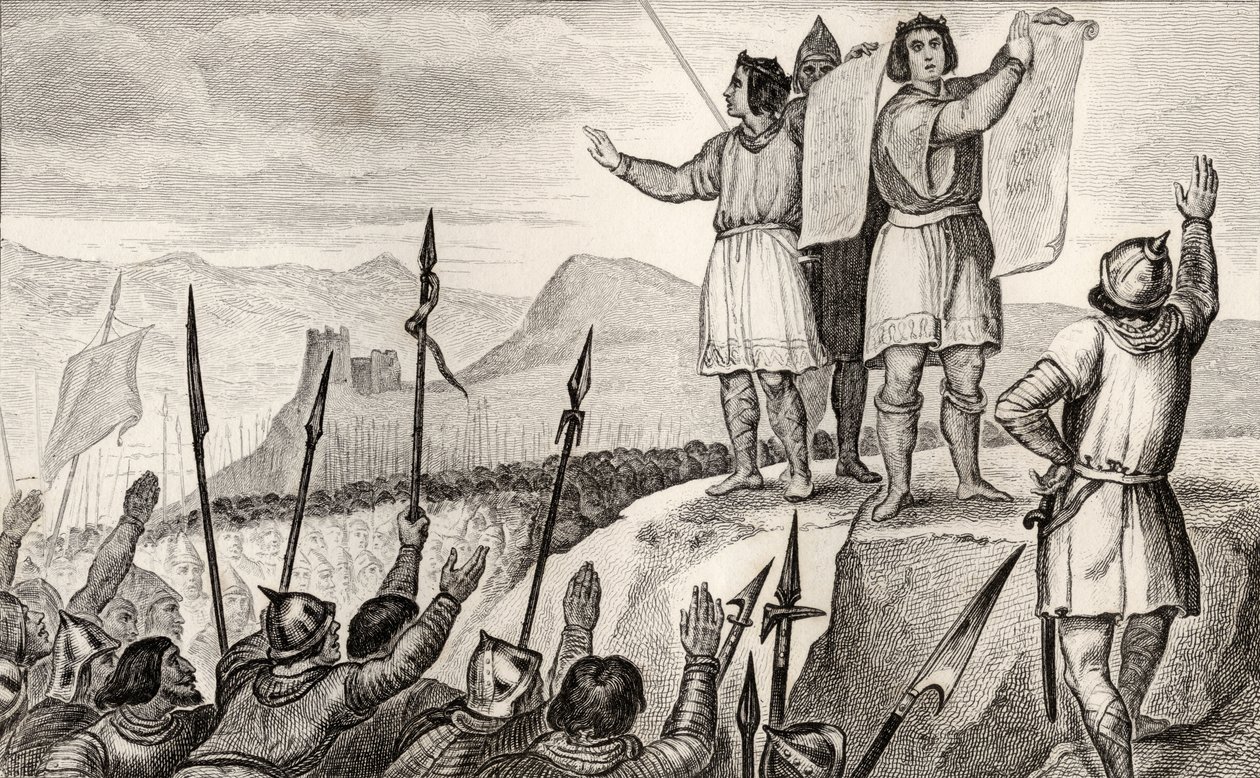 II. Károly (823-77) Kopasz és testvére, Német Lajos szerződést köt Strasbourgban 842-ben Colart "Histoire de France" című művéből, amely 1840 körül jelent meg. alkotó: French School