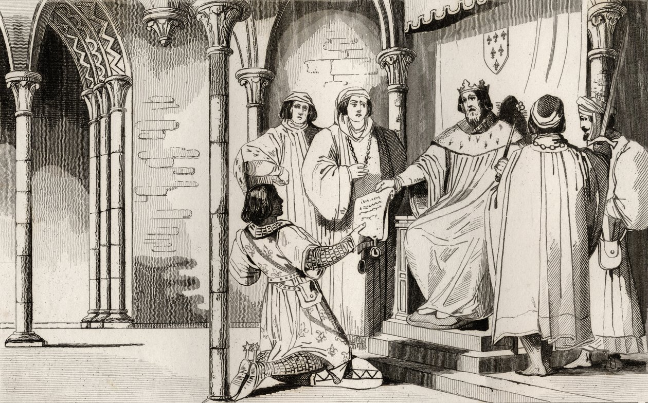IV. Károly (1294-1328) a Jóképű beadványt kap az udvaron, Colart "Histoire de France"-jából, 1840 körül megjelent (metszet) alkotó: French School