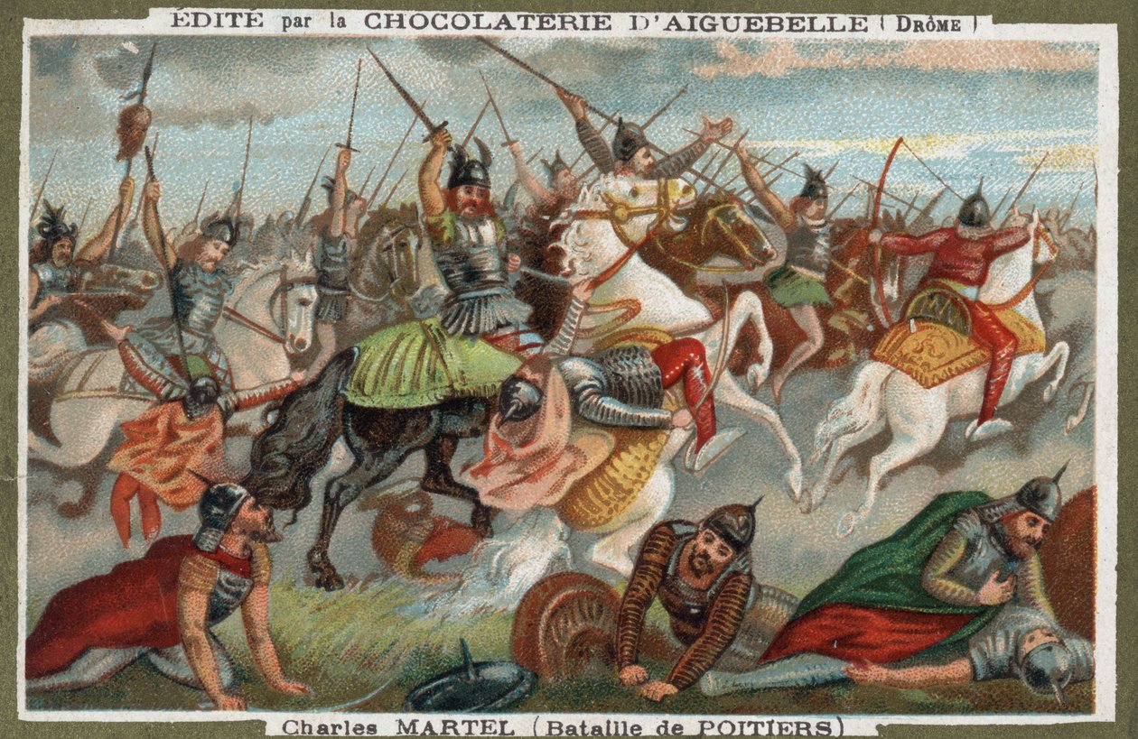 Martel Károly muszlimokat tartóztatott le a poitiers-i csatában 732-ben. A 19. századi kromolitográfiája. alkotó: French School