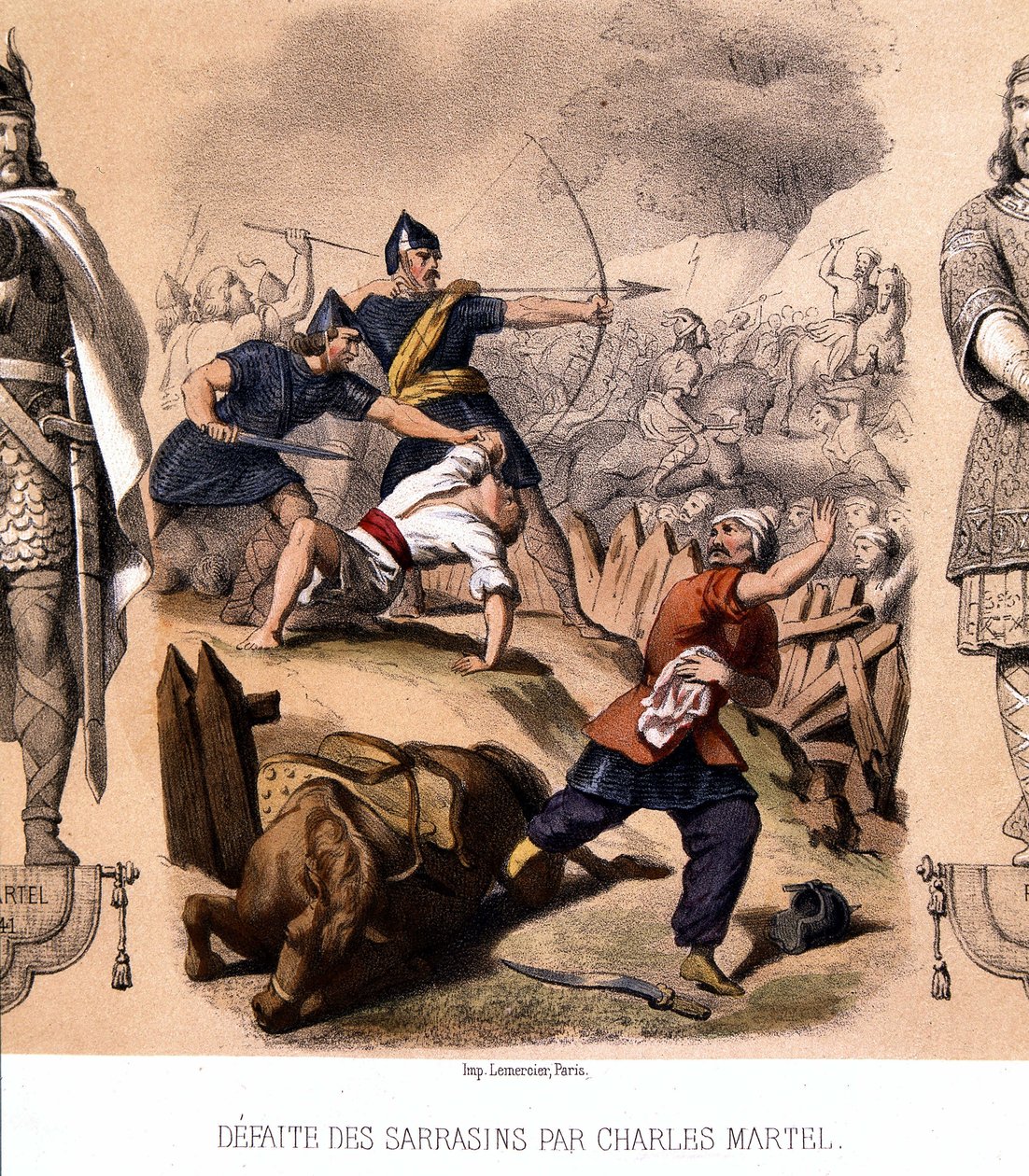 Charles Martel legyőzte a szaracénokat Poitiers-nél, 732. alkotó: French School