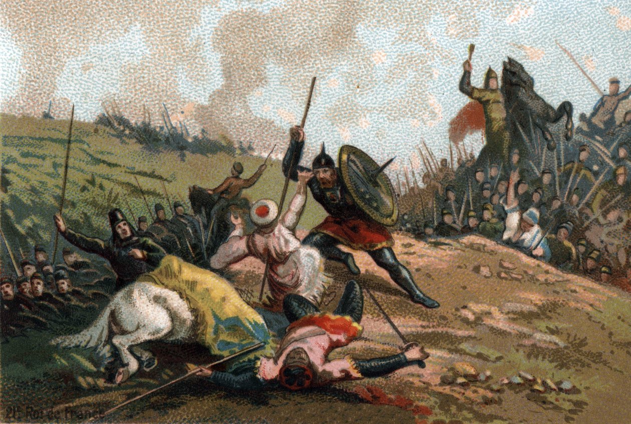 Charles Martel megállította az inváziót, és megölte I. Abd al-Rahman Armee vagy I. Abderamane (Abd al-Rahman) (731-788), a szaracénok vezetőjét. Kromolitográfia 1890 körül. alkotó: French School