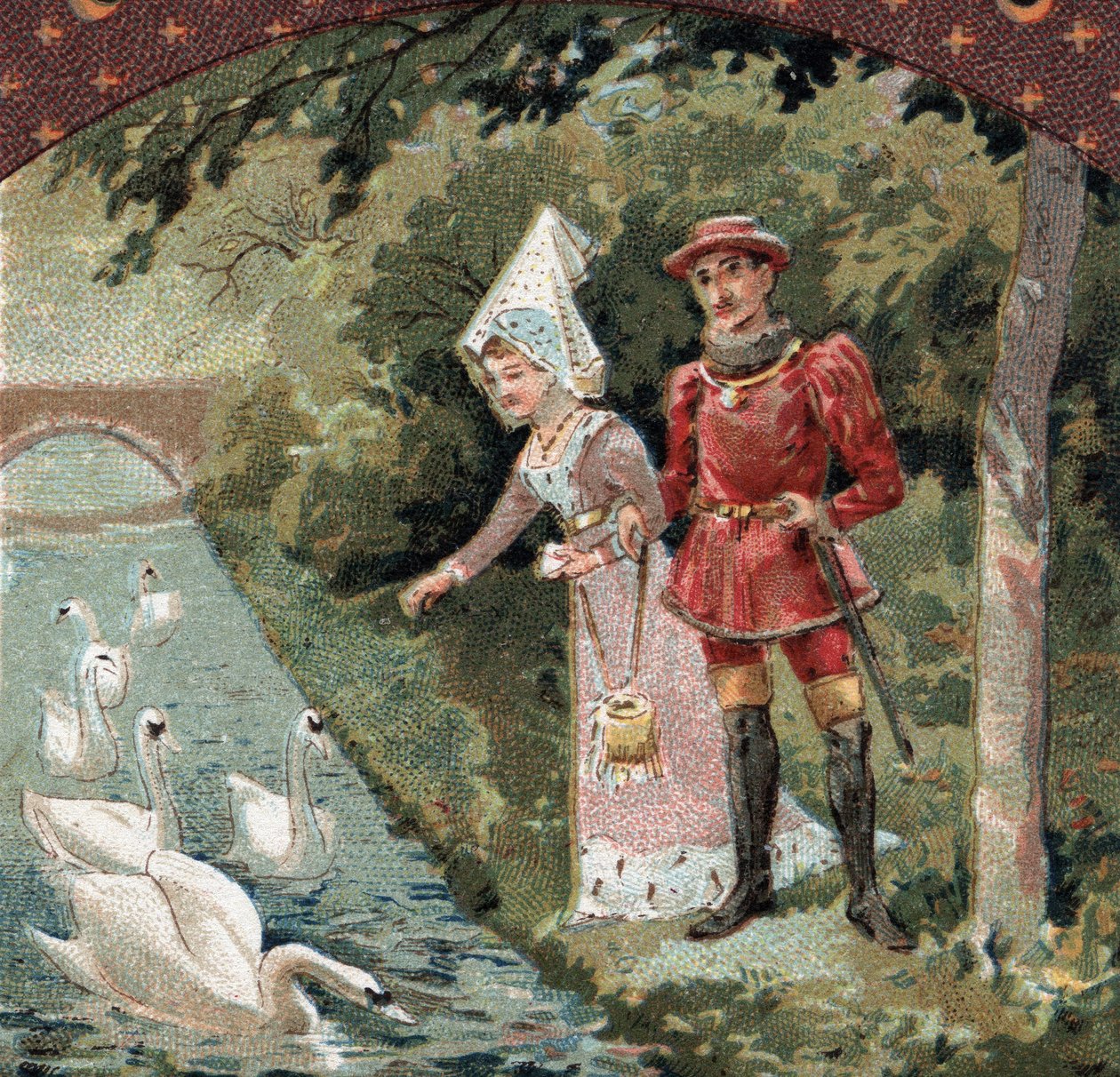VII. Károly (1403-1461) kedvencével, Agnes Sorellel (Beaute sur Marne (Beaute-sur-Marne) (1422-1450) hattyúkat etet a Savigny sur Orge (Savigny-sur) kastély parkjában. -Orge) A 19. század végének kromolitográfiája alkotó: French School