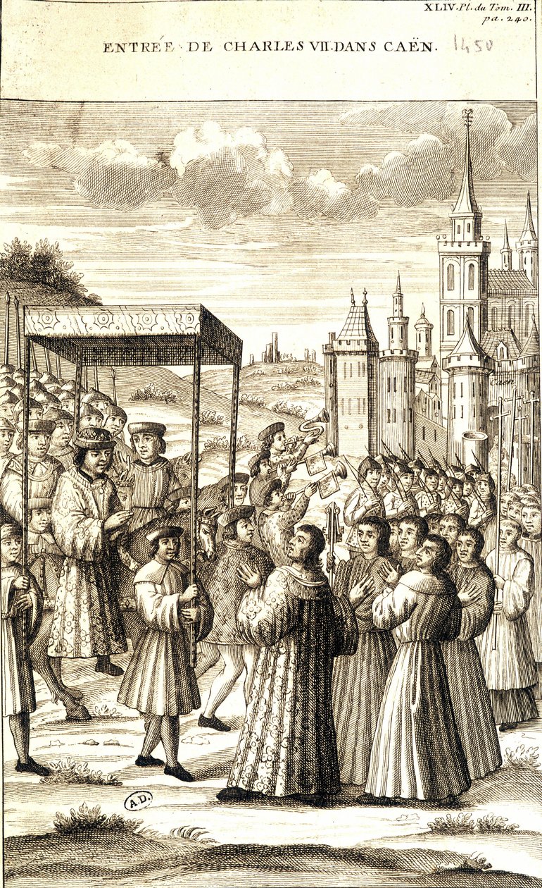 VII. Károly 1450-ben lépett be Caenbe. alkotó: French School