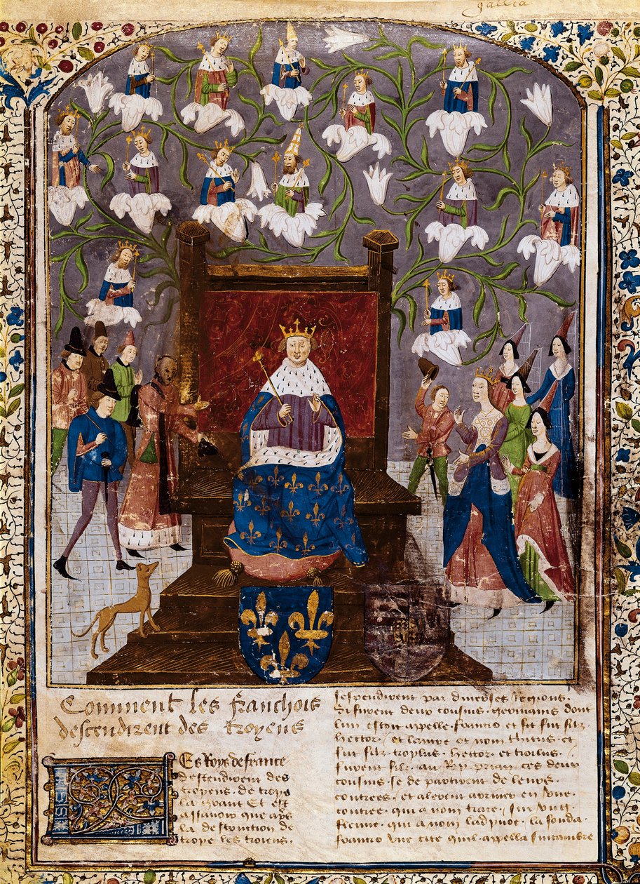 VII. Károly a Valois-ház geneaológiai fájával, a „Grandes Chroniques de France”-ból (vellum) alkotó: French School