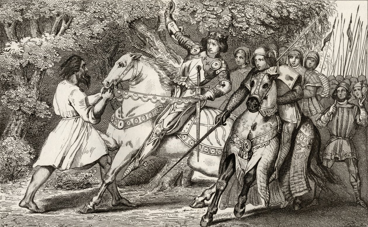 VI. Károlyt (1368-1412), az elmebeteget egy Angers melletti erdőben elkövetett rajtaütésről tájékoztatják, Colart "Histoire de France" című művéből, amely 1840 körül jelent meg. alkotó: French School