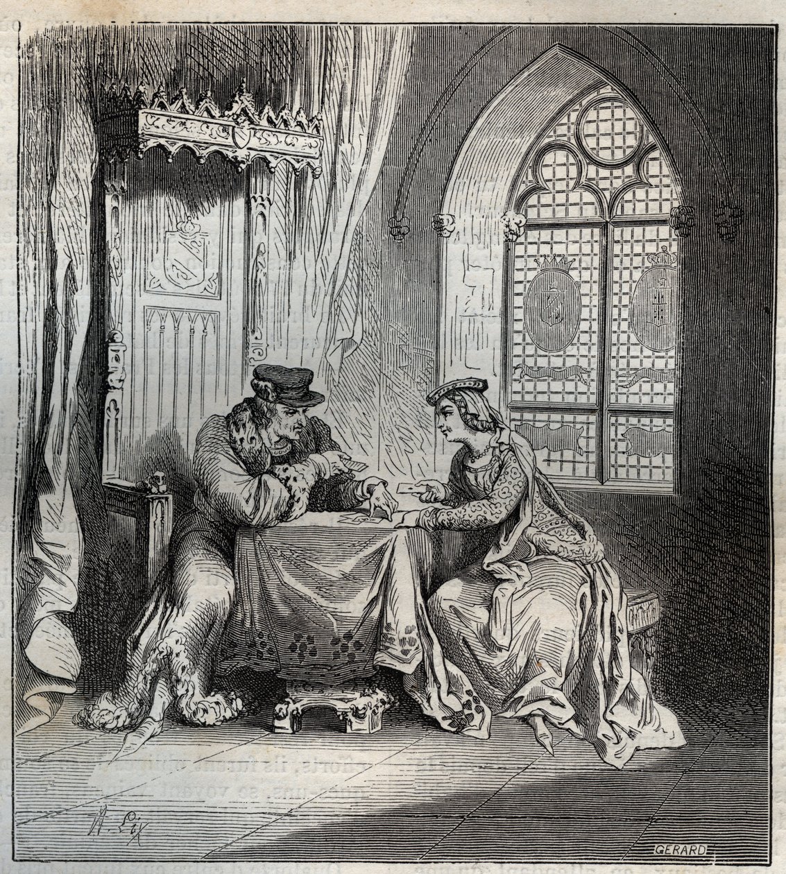 VI. Károly (1380-1422) és Odette de Champdivers – VI. Károly francia király, Jó Aime Károly néven, majd Folk Károly (1368-1422) szeretőjével Odinette (Odette) de Champdivers (körülbelül 1390-1425 körül) kártyametszet a „Paris a t alkotó: French School