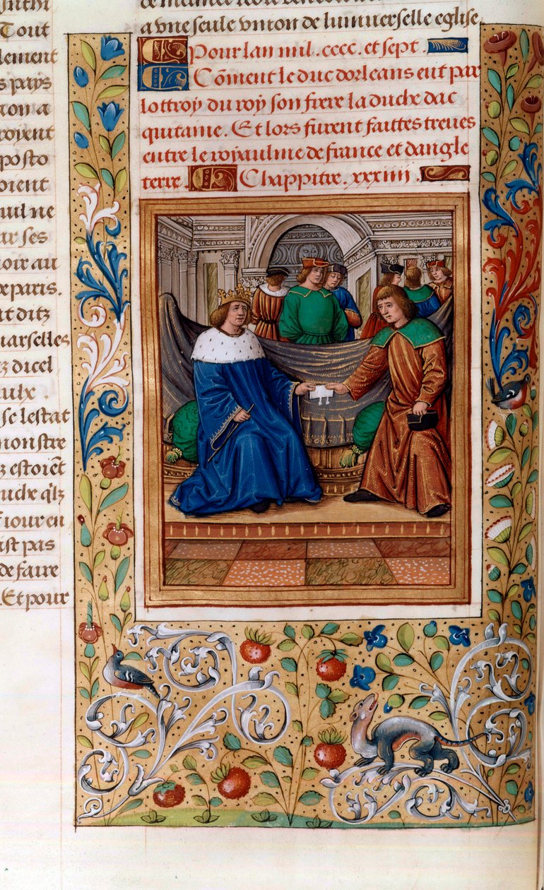 VI. Károly és V. Henrik aláírják a "Trójai Szerződést" 1420-ban, illusztráció a "Chroniques de Monstrelet"-ből alkotó: French School