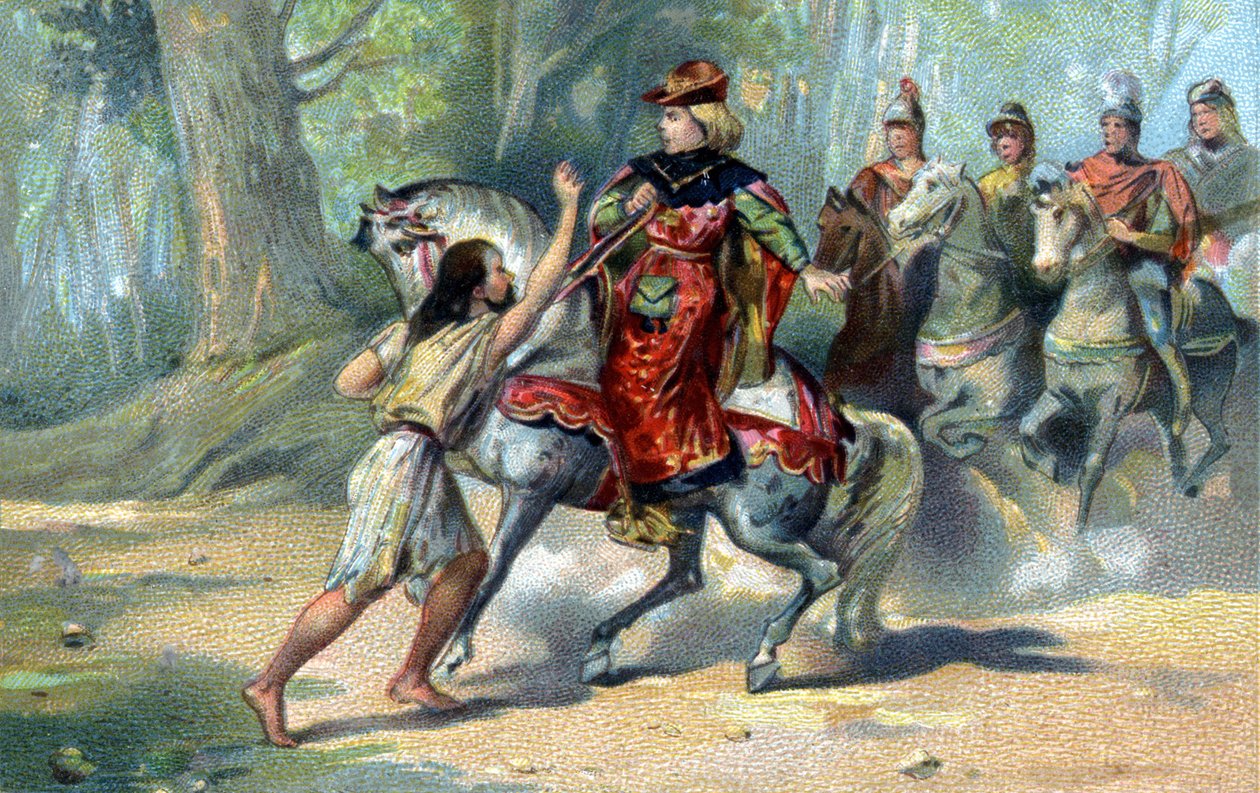 VI. Károly megőrült a Le Mans-i erdőben. század végének kromolitográfiája alkotó: French School