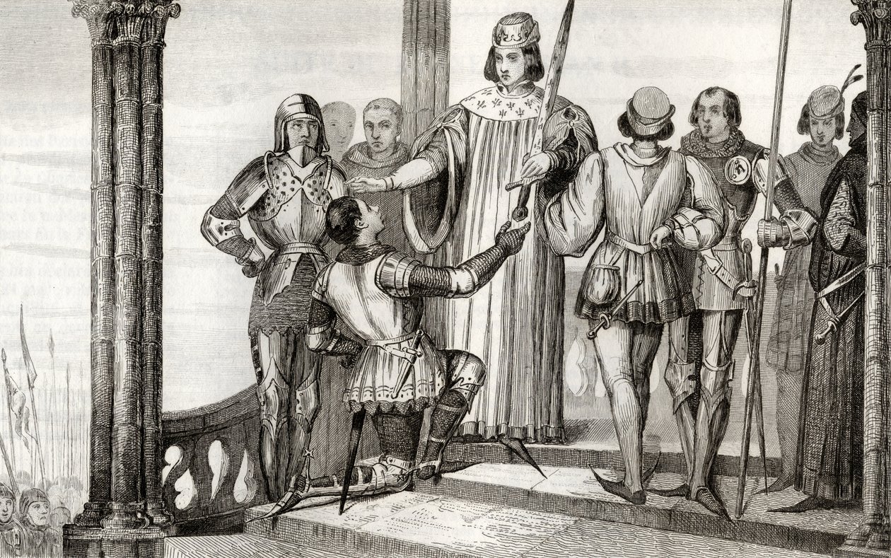 Bölcs V. Károly (1358-80) átadja kardját Duguesdinnek Colart „Histoire de France” című művéből, amely 1840 körül jelent meg. alkotó: French School
