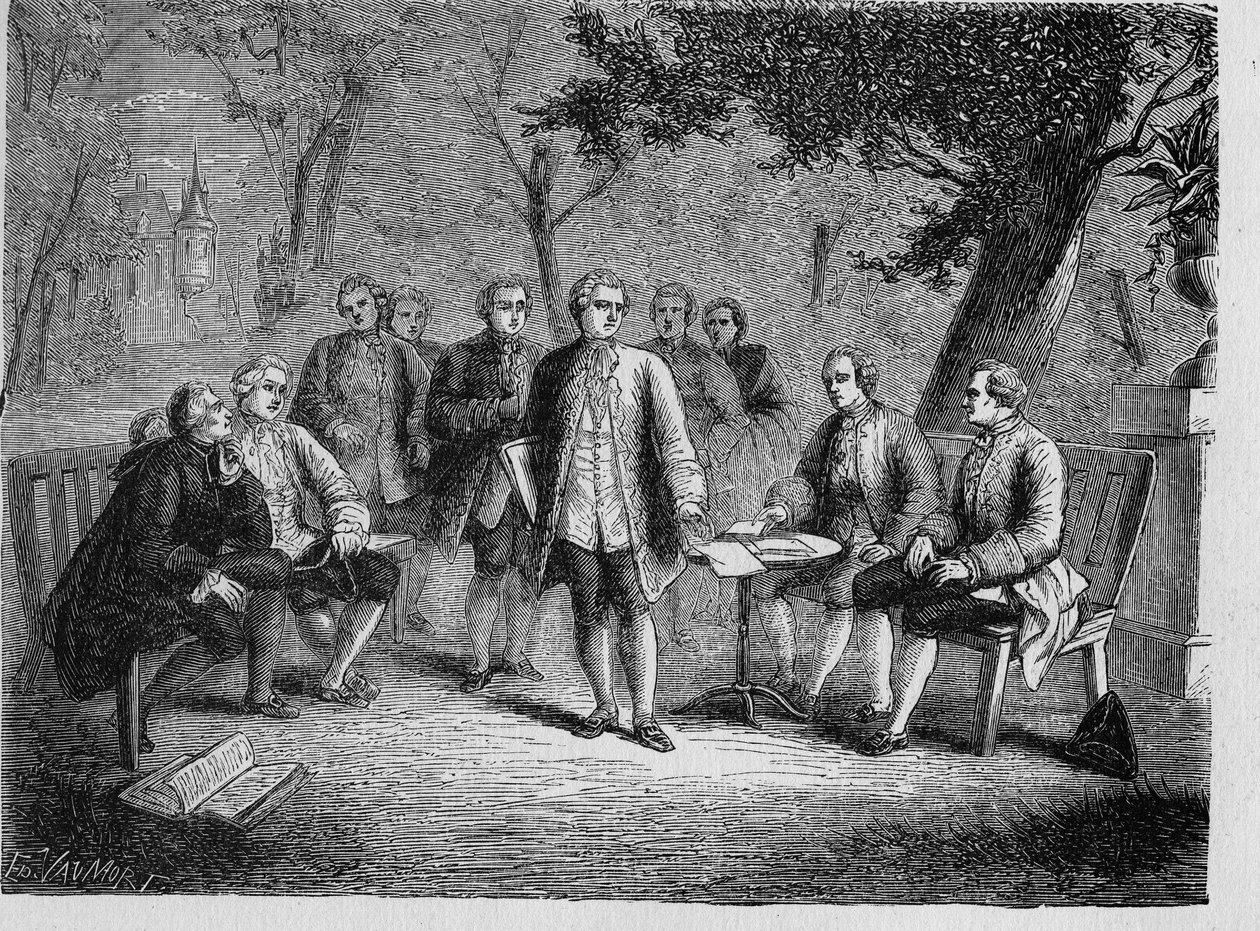 Charles de Secondat Montesquieu a tudományos cenákulumban a Clairac kastélyban, Franciaország - Le cenacle scientifique du chateau de Clairac: Montesquieu és báró de Secondat, fia, Chevalier de Vivens, Romas és a Dutilh testvérek - - az „Album de la Scienc alkotó: French School