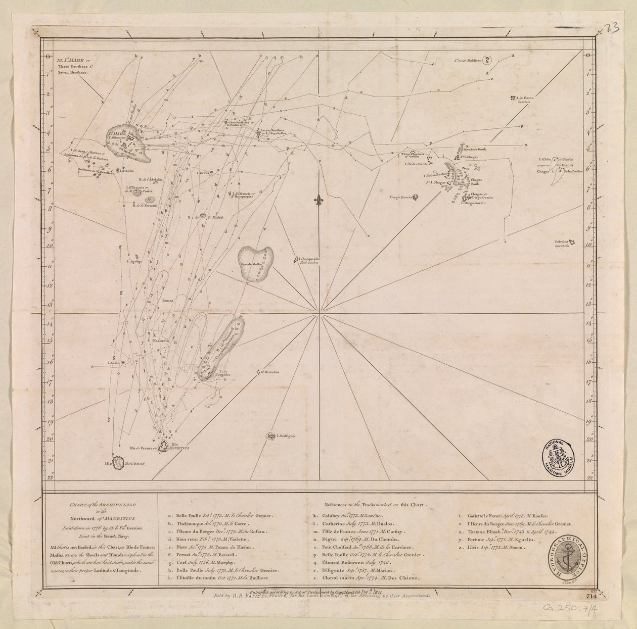 A Mauritiustól északra fekvő szigetvilág térképe, amelyet 1776-ban M le Victe Grenier francia haditengerész hadnagy készített [Tartalmazza a Seychelle-szigeteket, a legdélebbi Maldív-szigetek Mauritius csoportját és a Chagos-szigetcsoportot]. alkotó: French School