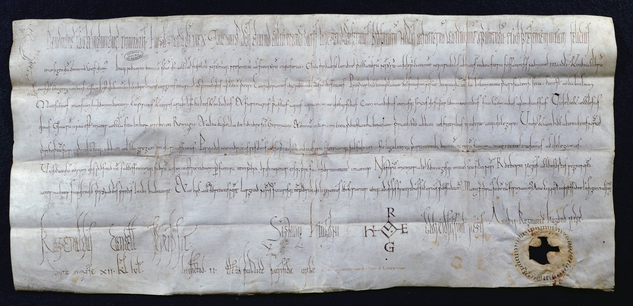 Hugues I Capet (941-996), francia király által aláírt charta, 988 (toll és tinta papíron) alkotó: French School