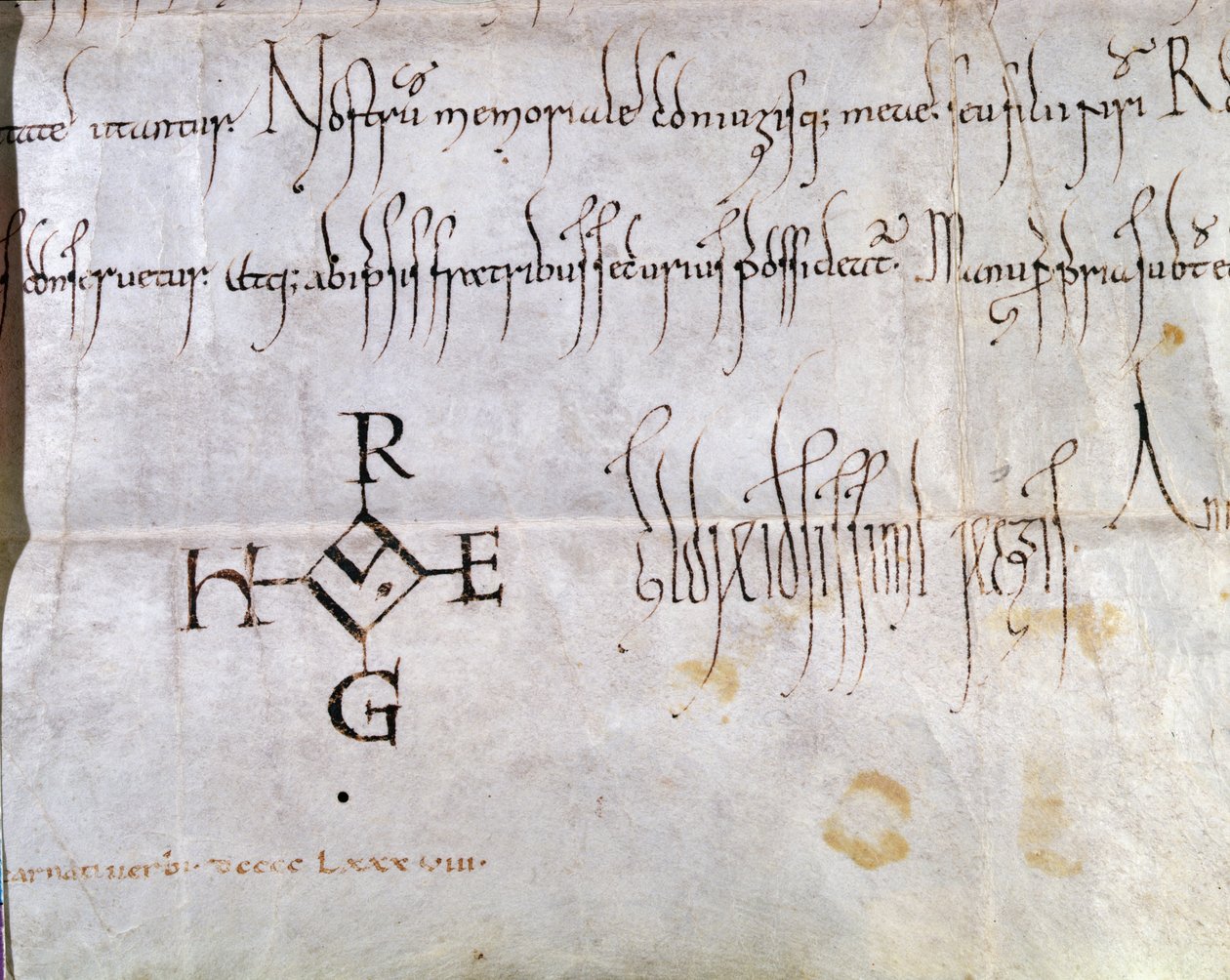 Hugues I Capet (941-996), francia király által aláírt charta, 988 (toll és tinta papíron) (157461 részlet) alkotó: French School