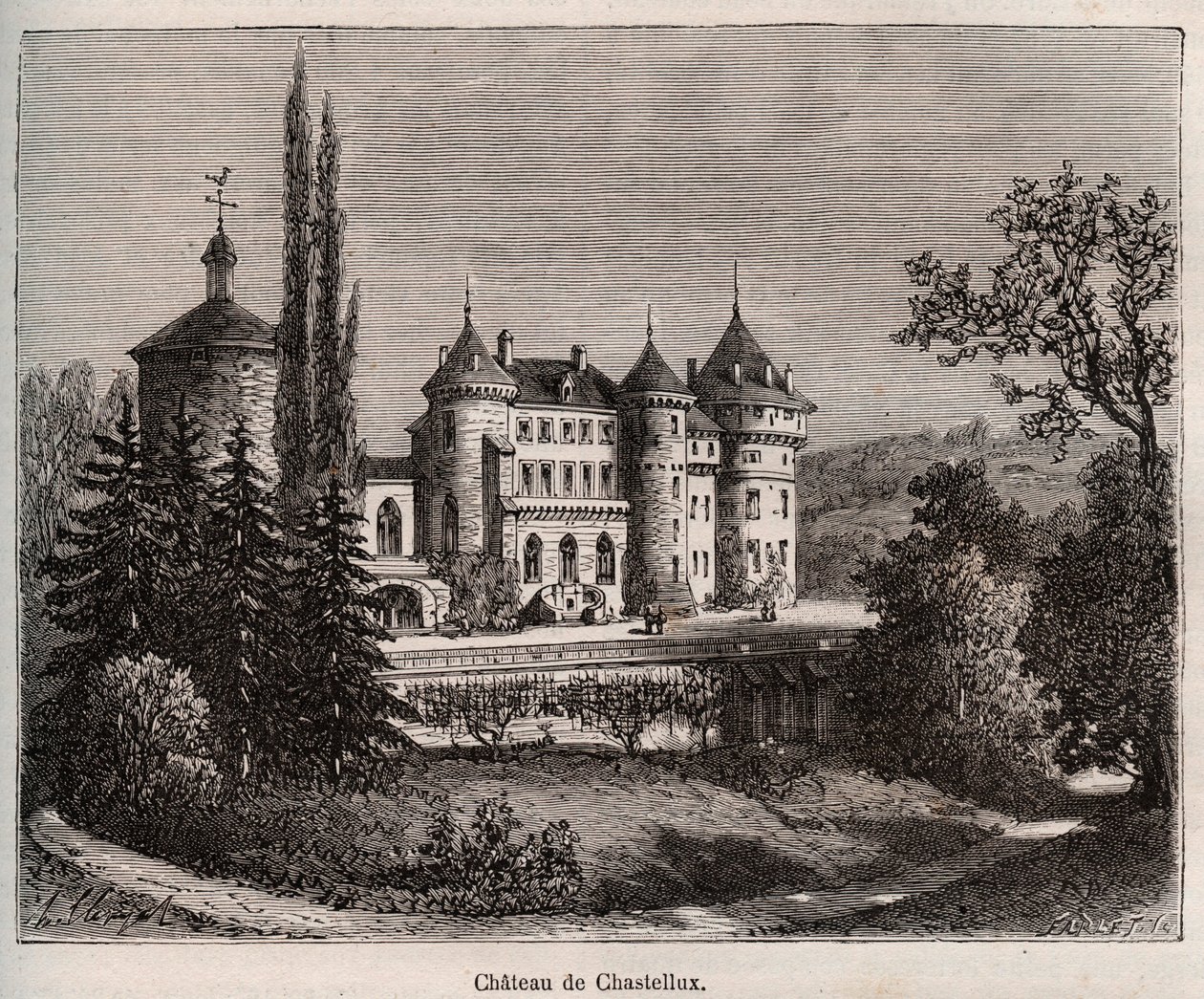 Chateau de Chastellux - Chastellux sur cure, Burgundia - metszet a „La France illustree: földrajz, történelem, statisztikai közigazgatás” könyvében V.-A. Maláta-barna. 1884 alkotó: French School