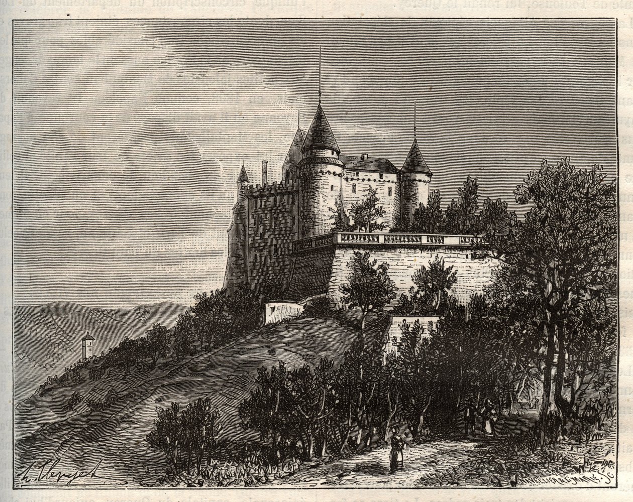 Chateau de Mercues - Cahors - metszet „La France illustree: földrajz, történelem, statisztikai igazgatás” V.A. Maláta-barna. 1884 alkotó: French School