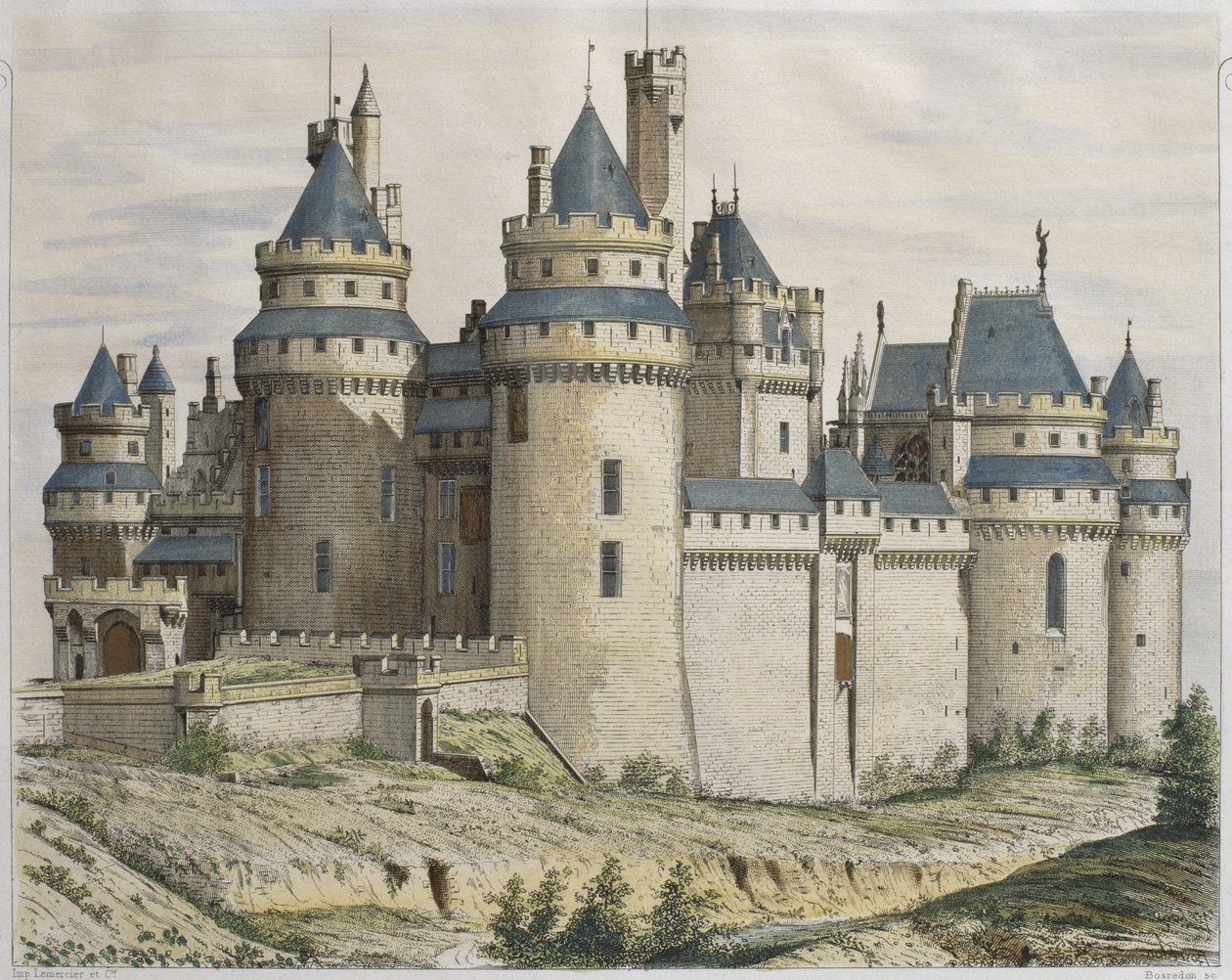Chateau de Pierrefonds, a Le Moniteur des architectes illusztrációja, Bosredon metszet (színes metszet) alkotó: French School