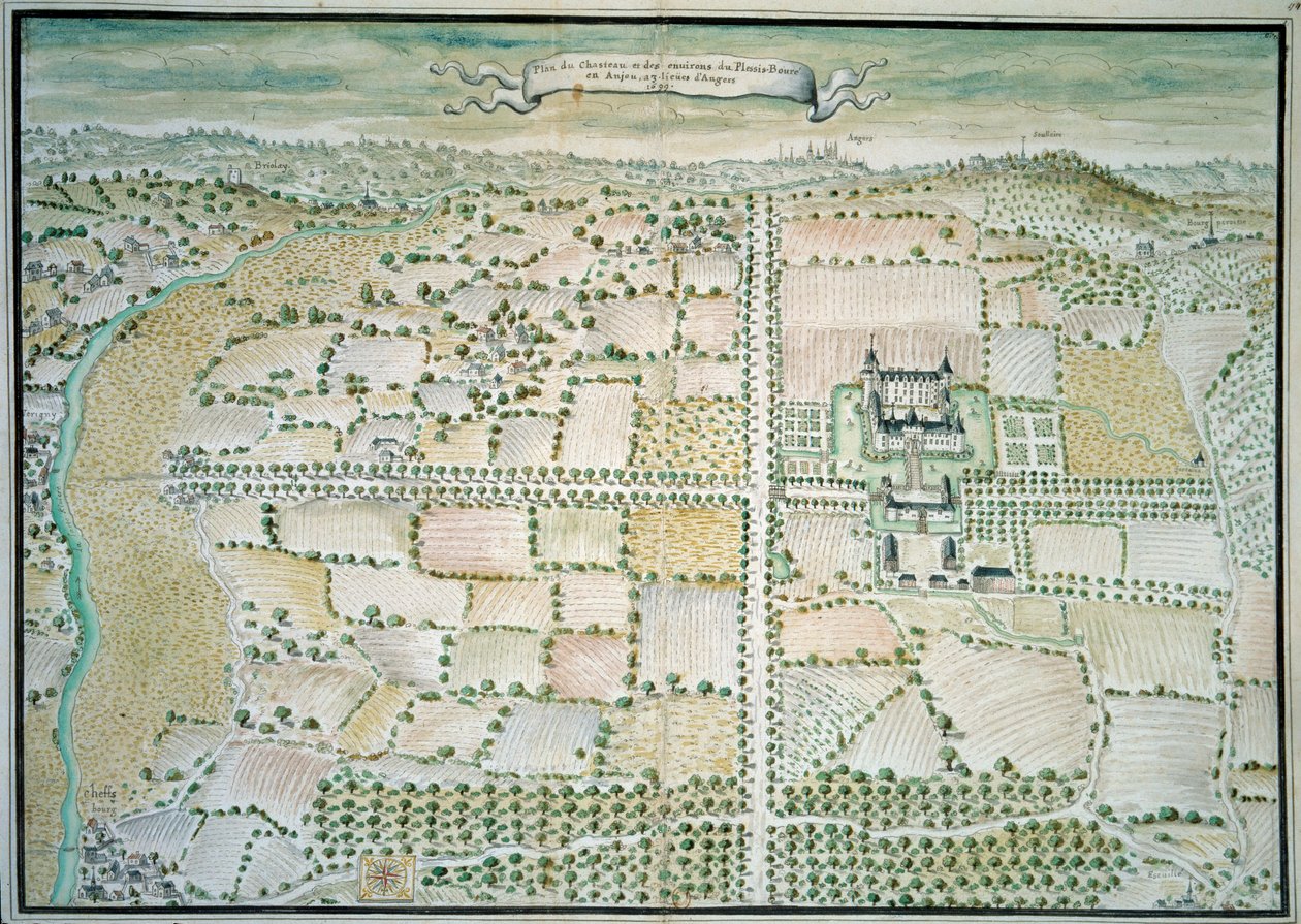 Chateaux de la Loire: "" Plessis Bourre kastélyának kilátása"" A francia iskola akvarellje. 1699 Párizs, B.N. alkotó: French School
