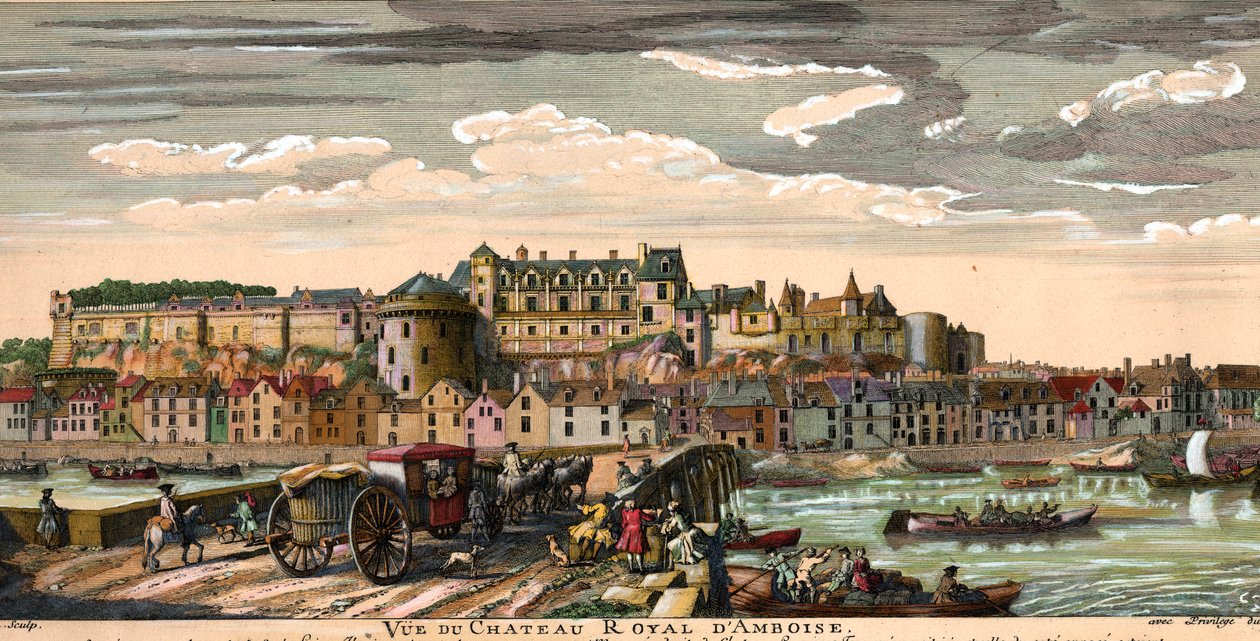Chateaux de la Loire: az indre-i és loire-i Amboise-i kastély látképe a 18. században. Korabeli metszet. Magángyűjtemény alkotó: French School