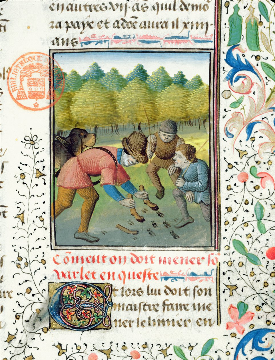 Egy szarvasbika nyomainak ellenőrzése a Livre de la Chasse-ból, Gaston Phebus de Foix (1331-91) alkotó: French School
