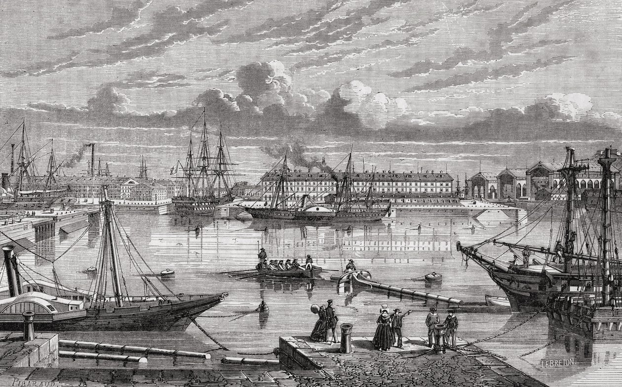 Cherbourg a 18. században, Le Breton vésette Pibaraud után, Louis Blanc (1811-82) „Histoire de la Revolution Francaise” című művéből alkotó: French School