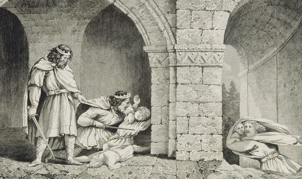I. Childebert (498-588 körül) testvérei örököseinek meggyilkolásakor, Colart „Histoire de France” című művéből, 1840 körül megjelent alkotó: French School