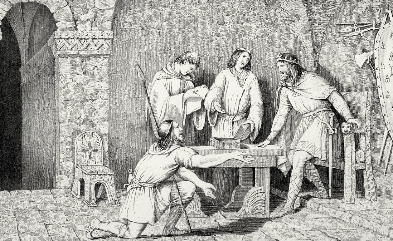 I. Childeric (481) és az aranyérme két felének története, Colart "Histoire de France" című művéből, kiadva 1840 körül. alkotó: French School