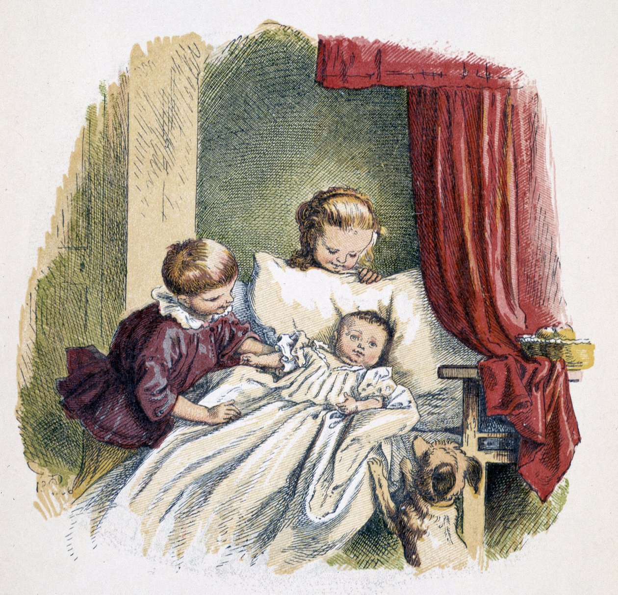 Gyerekek babát játszanak „” Schnick, nassolnivaló, apróságok a kicsiknek””, gyerekjátékok. szerk. London – Georges Ronthedge és fiai. New York, The wide way Ludgate n.d. c. 1890. alkotó: French School