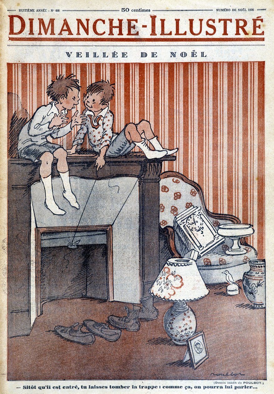 Gyerekek ülnek a kéményen, csapdát állítanak a Mikulásnak, a "Le Dimanche illustrious" című 1930-as karácsonyi újság számára (metszet). alkotó: French School