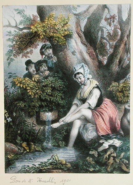 Gyermekek kémkednek egy fiatal lány után, aki egy patakban mossa a lábát. c. 1840 (színes litó) alkotó: French School
