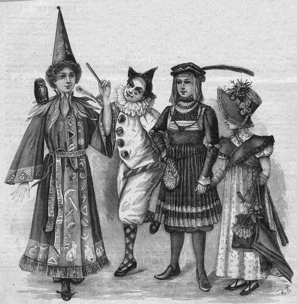 Gyermekruházat: boszorkányjelmezek, bohóc, lap és „Birodalom”. Metszet a „La gazette du dimanche”-ban, 1896. január 23-án. alkotó: French School