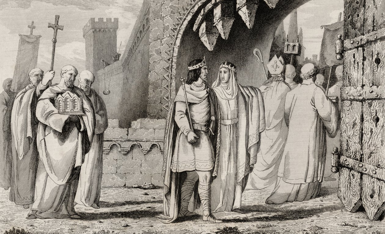 I. Chilperic (539-84) vallási körmenetben, Colart „Histoire de France” című művéből, 1840 körül megjelent alkotó: French School