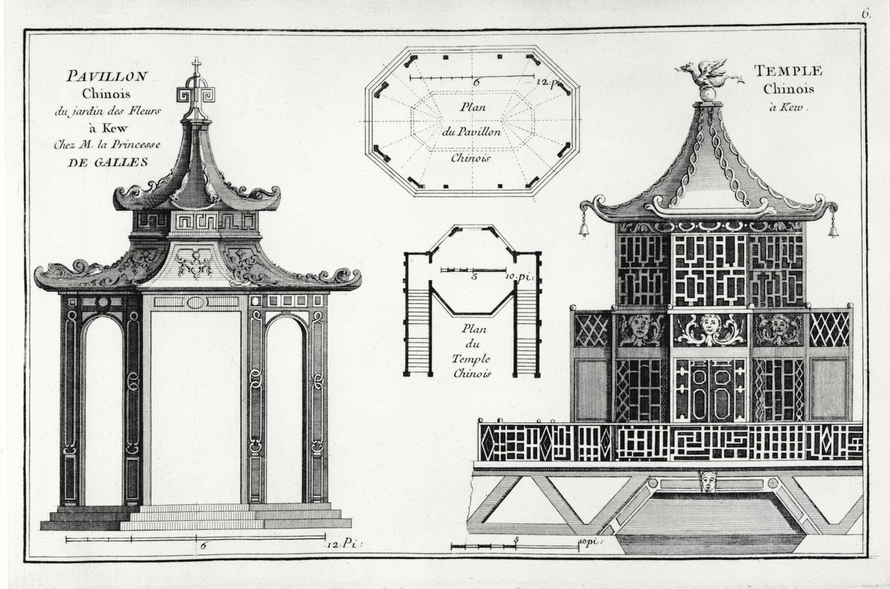 Kínai pavilon a kew-i virágos kertben, a Jardins Anglo-Chinois a la Mode-ból, George Louis le Rouge, kiadva 1776-88 körül alkotó: French School