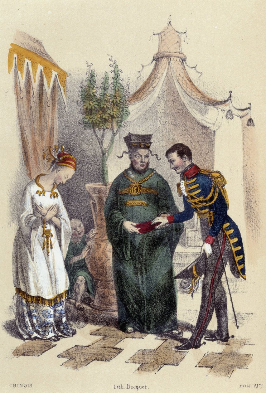 kínaiak látogatása egy külföldi katonaságnál; illusztráció Kínának, M. E. Fouinet „The twelve Nations” című könyvében alkotó: French School