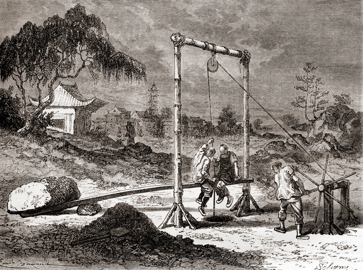 Kínai munkások a 19. században, akik kutat ástak sós víz kitermelésére, a „Les Merveilles de la Science”-ből, 1870 körül megjelent (metszet) alkotó: French School