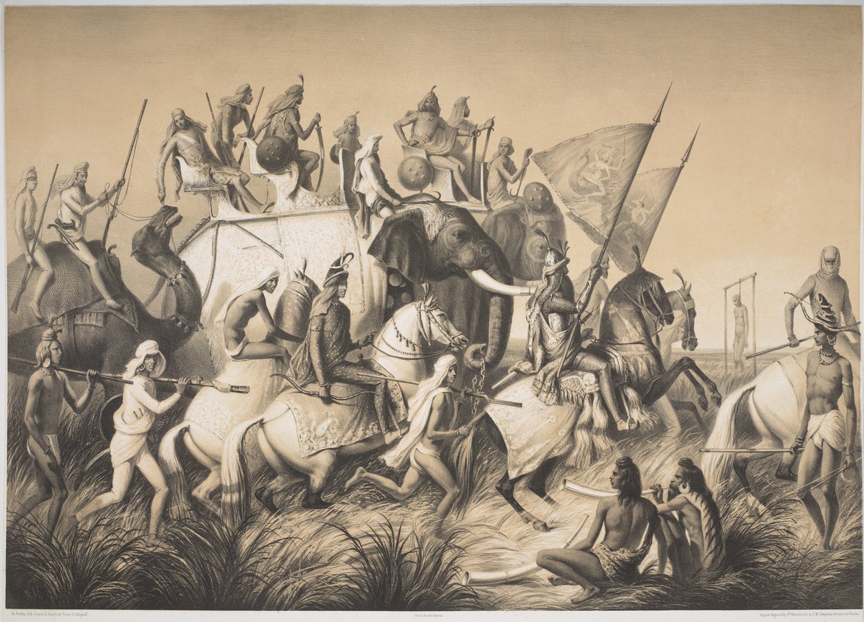 Chir Singh, a szikhek maharadzsája Pandzsáb királyával és kíséretével a „Voyage in India” című filmből, 1850 körül (litho) alkotó: French School