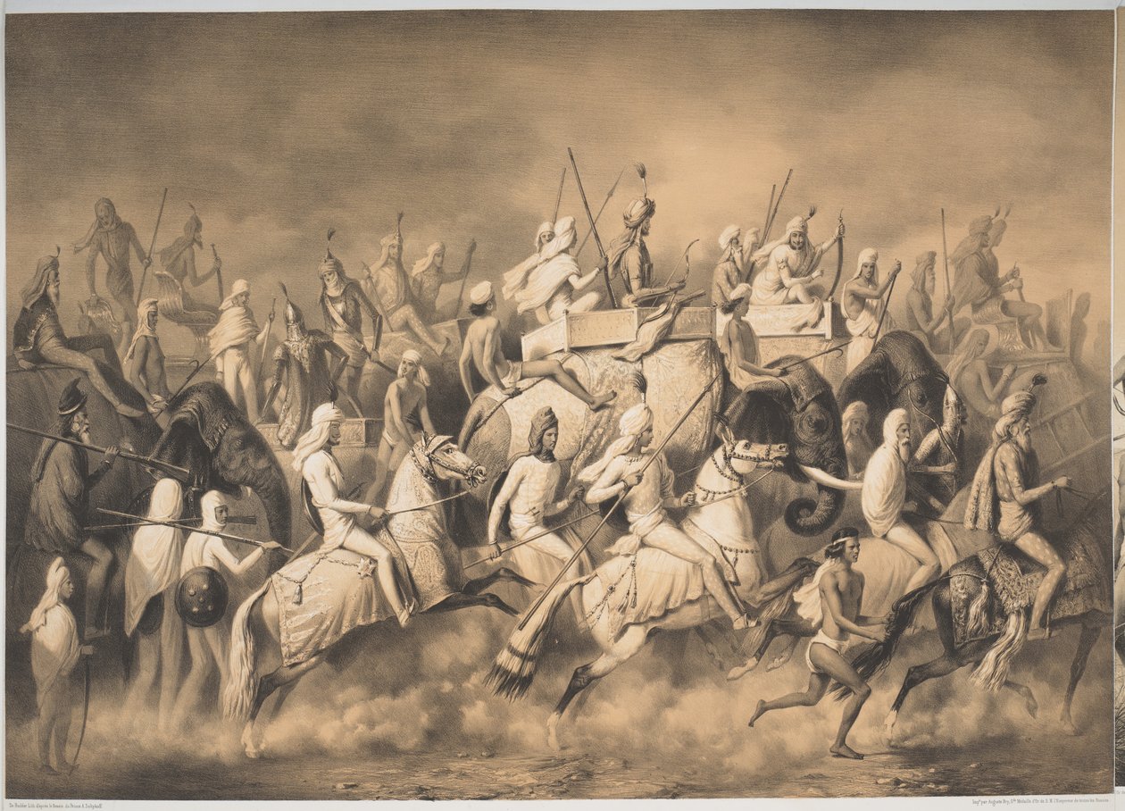Chir Singh, a szikhek maharadzsája és a pandzsábi király kíséretével, aki Lahore közelében vadászik, a „Voyages in India” című filmből, 1850 körül (litho) alkotó: French School